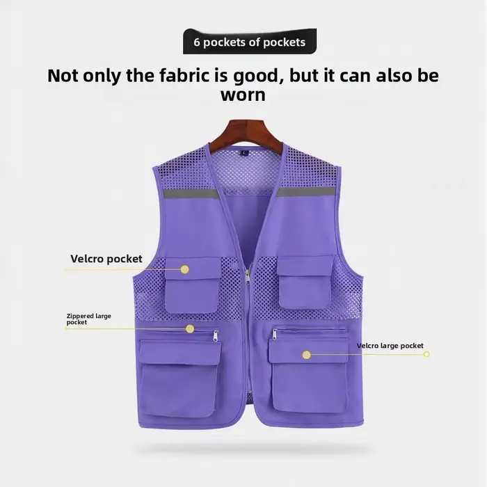 Veste enfants réfléchissante pêche - Tissu filet multi-poches - Logo personnalisable sécurité