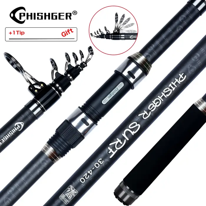 Canne télescopique surfcasting PHISHGER 30T carbone 3.6m à 4.5m puissance 80-150g pour pêche du bord de mer