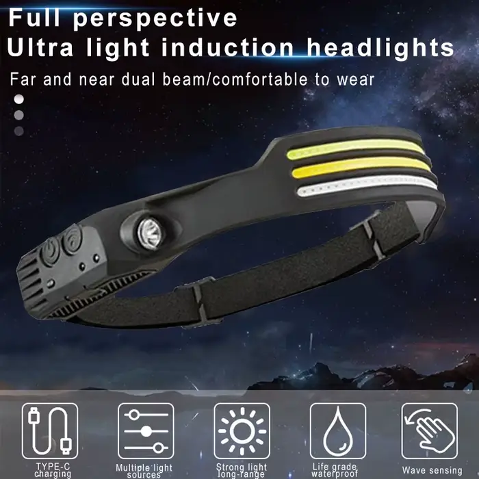 Lampe frontale à induction COB LED 5 modes rechargeable USB pour pêche et activités nocturnes