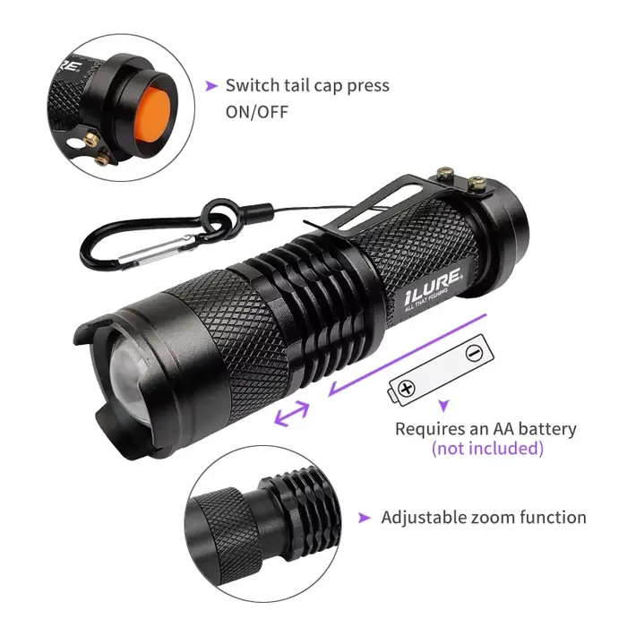 Lampe UV torche LED 395nm pour pêche leurres et calamars - éclairage zoomable et portable