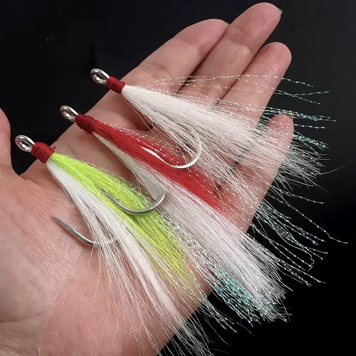 Hameçons jig avec bucktail teasers 2 pièces pour pêche sèche saumon carnassier leurres flash