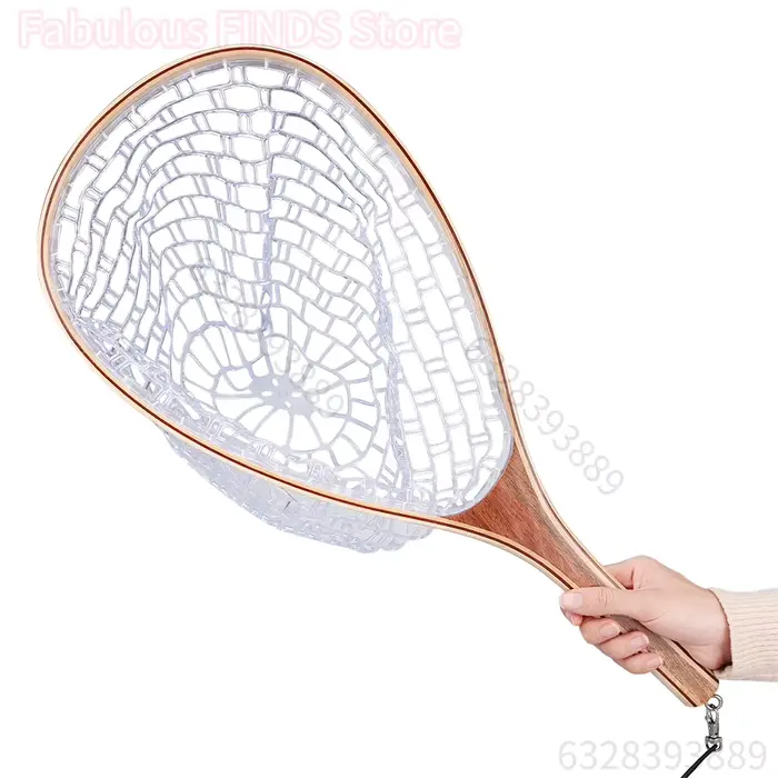 Épuisette pêche à la mouche manche bois maille caoutchouc transparent pour truite pêche no-kill rivière