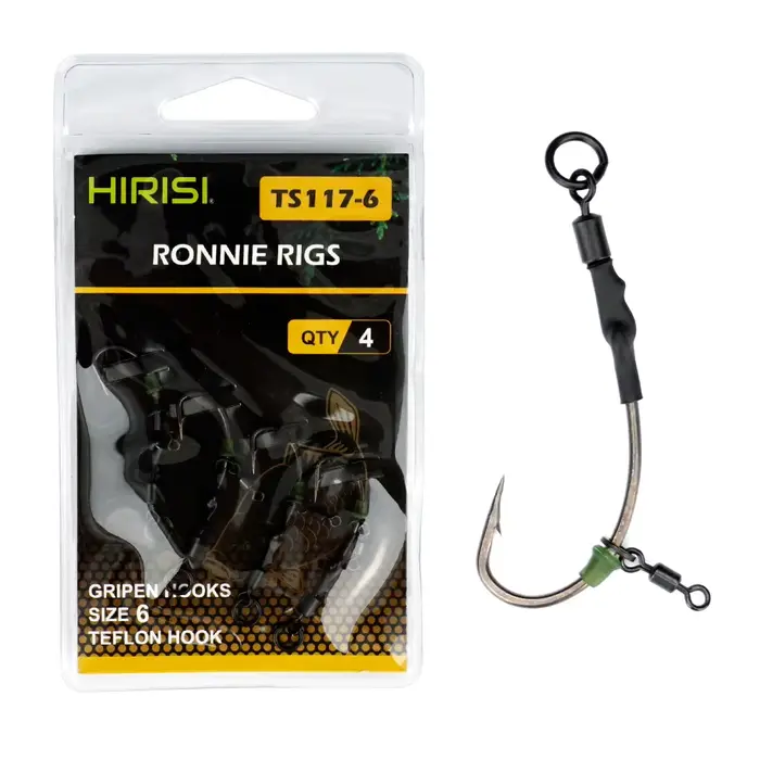 Montage Ronnie Rig prêt à l'emploi pour carpe - Kit 4 pièces Hirisi avec hameçons spécialisés