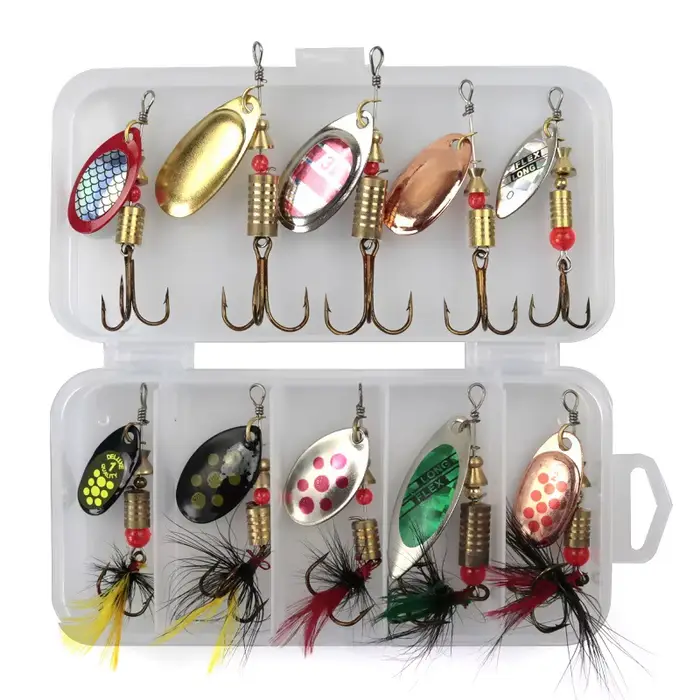 Kit de 10 leurres métalliques cuillères spinner pour pêche du brochet, leurres articulés et crankbaits