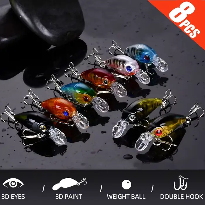 Set de 8 leurres crank bait minnow flottants - Appâts artificiels pour pêche en surface
