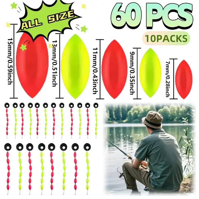 Lot de 10 flotteurs de pêche 7 étoiles en mousse avec 60 stoppeurs ligne accessoires pour montages eschage