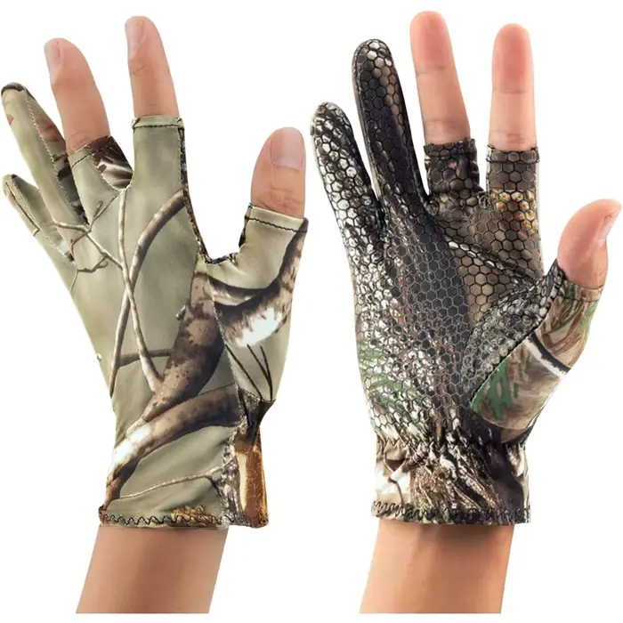 Gants camouflage pêche anti-dérapage élastiques fins mitaine 3 doigts coupés chasse vélo mi-doigts