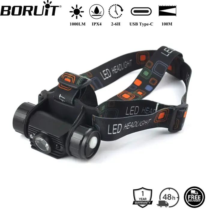 Lampe frontale pêche BORUiT 020 détecteur mouvement 1000LM rechargeable Type-C étanche chasse