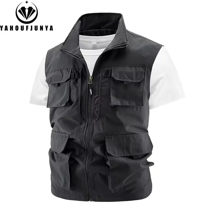 Veste de pêche sans manches homme été multi-poches respirante col montant zippée extérieur