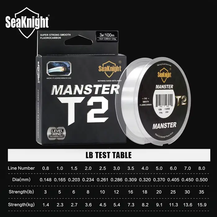 Ligne fluorocarbone 100% SeaKnight MANSTER T2 100m 3-35lb pêche mer ligne coulante carbone améliorée