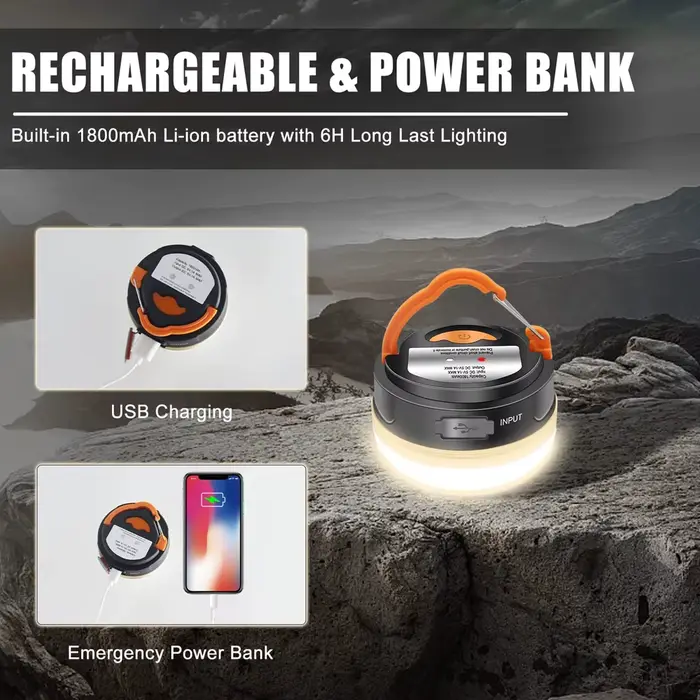 Lampe de camping 10W rechargeable USB 1200mAh pour tente et pêche nocturne extérieure