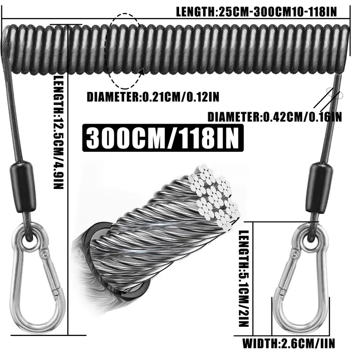 Laisse élastique pêche SAMOLLA robuste acier inoxydable corde télescopique 1.5-3m pour fixer cannes moulinets sécurité pêche bateau berge