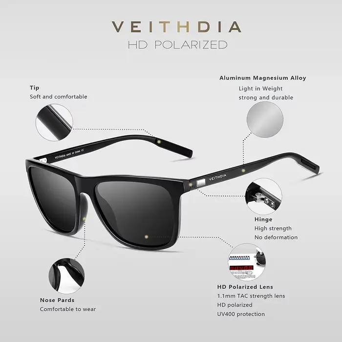 Lunettes de soleil polarisées VEITHDIA rétro pour pêche - Cadre aluminium+TR90 vintage