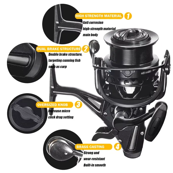 Moulinet de pêche à la carpe spinning double frein robuste 12-15kg pour accessoires mer et rivière