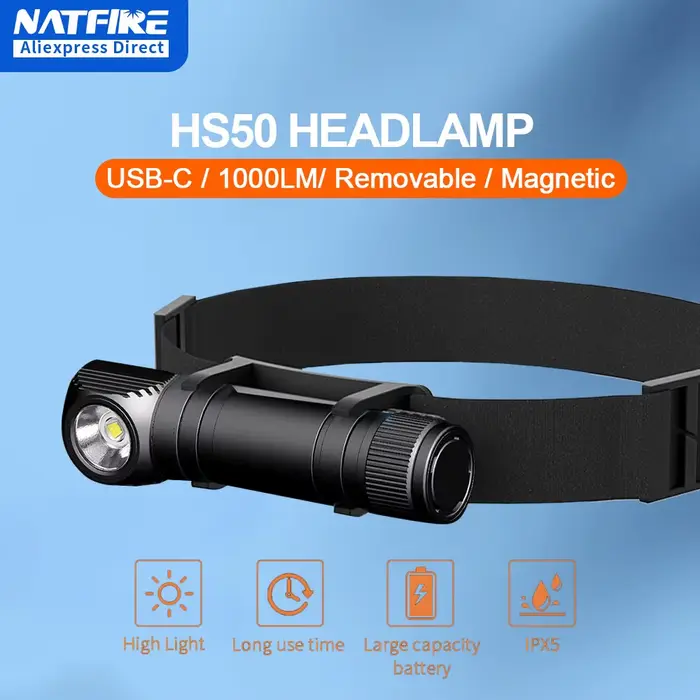 Lampe frontale NATFIRE HS50 rechargeable USB-C 1000LM pour pêche et travail