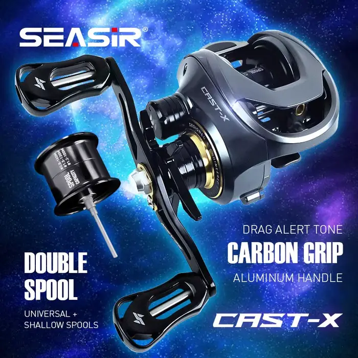 Moulinet baitcasting SEASIR Cast-X - Ratio 7.3:1, double spool aluminium, grip carbone BFS