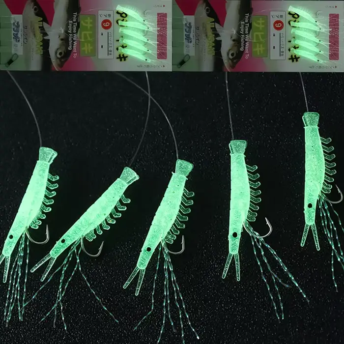 Leurres souples crevettes lumineux 5 pièces - Hameçons barbelés pour maquereau et morue - Pêche en mer