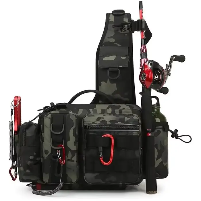 Sac à dos pêche avec porte-canne et banane, rangement organisé pour leurres et accessoires de pêche