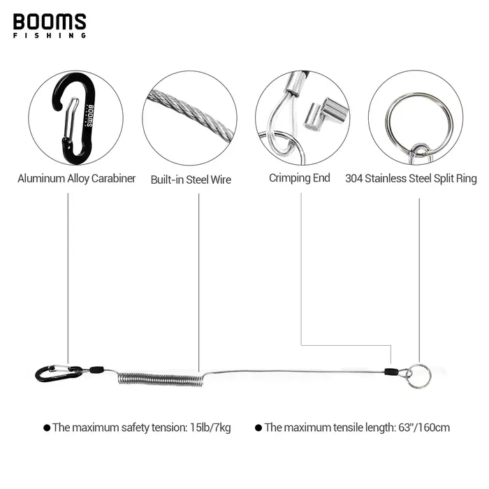Booms Fishing T01 2M Fishing Coiled Lanyards with Rod Tie Beltb Fishing Lanyard 