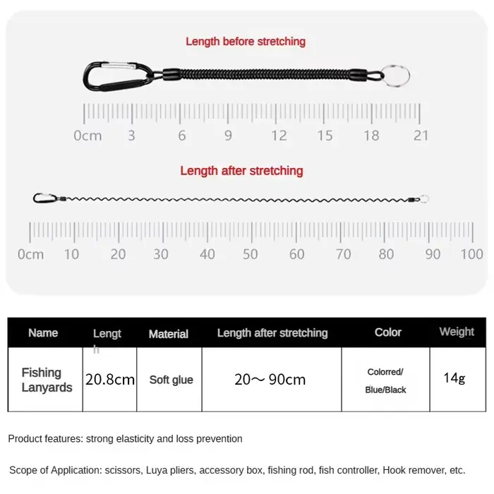 Lanyard de pêche 5 pièces rétractable élastique avec mousqueton pour clés et téléphone anti-perte