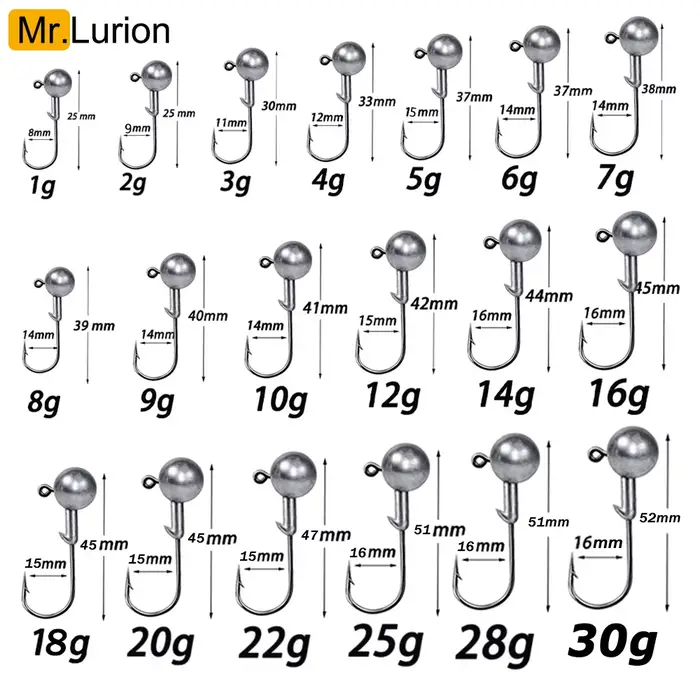 Têtes plombées MrLurion 1g à 28g pour leurres souples, hameçons de pêche ultra-tranchants pour grubs et vers