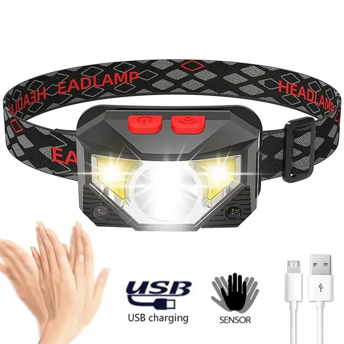 Lampe frontale LED pêche rechargeable USB 8 modes capteur de mouvement puissante pour camping