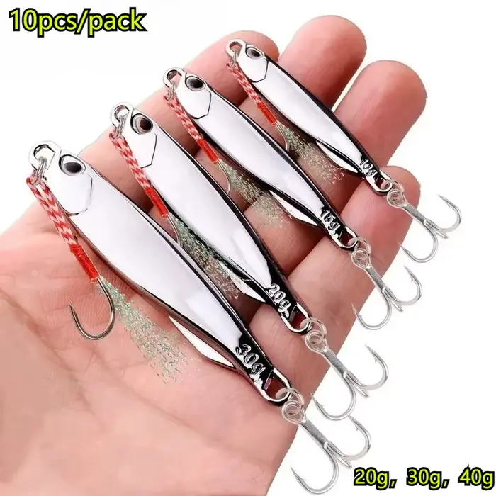 Lot de 10 leurres métalliques jig 20g 30g 40g pour pêche en mer et bar, appât cuivré