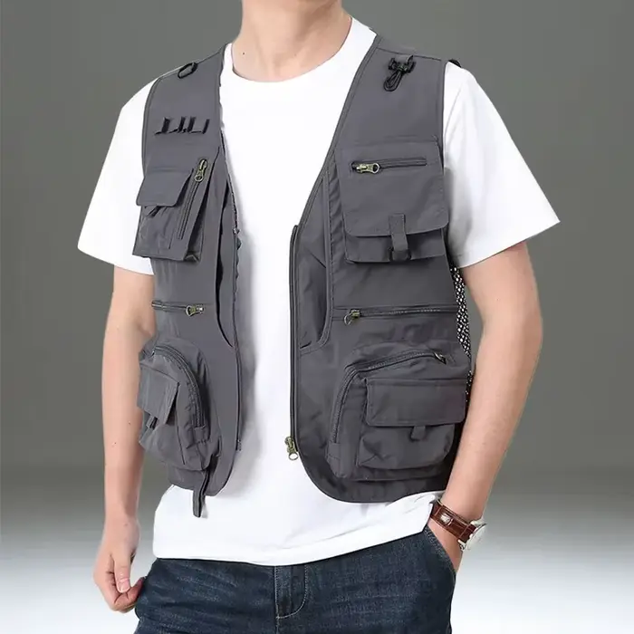Veste de pêche cargo rouge personnalisable 2025 - Yelek multi-poches nylon pour journaliste photo camping