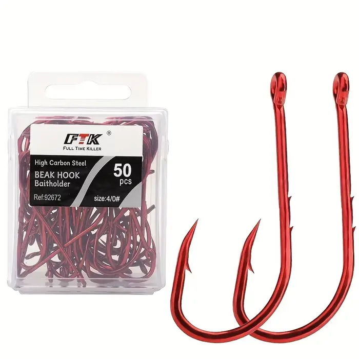Hameçons de pêche mer FTK rouges - Hampe longue barbelés pour appâts naturels et pêche carpe