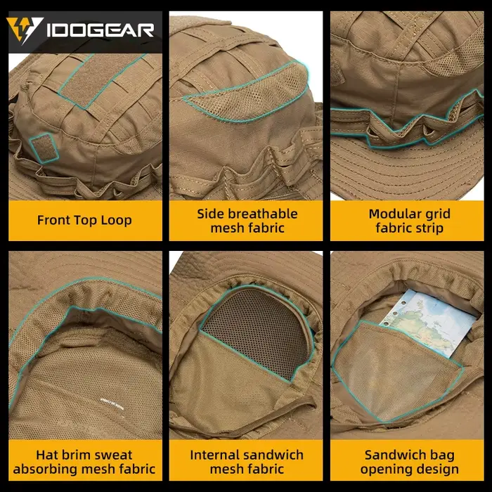 Casquette boonie tactique IDOGEAR 3623 large bord pour pêche et chasse - Ajustable respirant