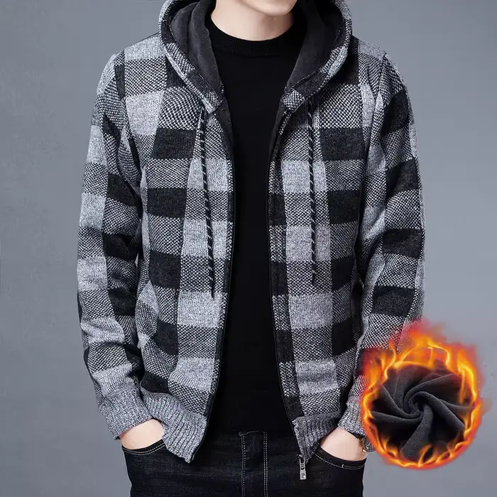 Cardigan à capuche homme tricoté luxe damier pour pêche hiver veste chaude extérieure qualité