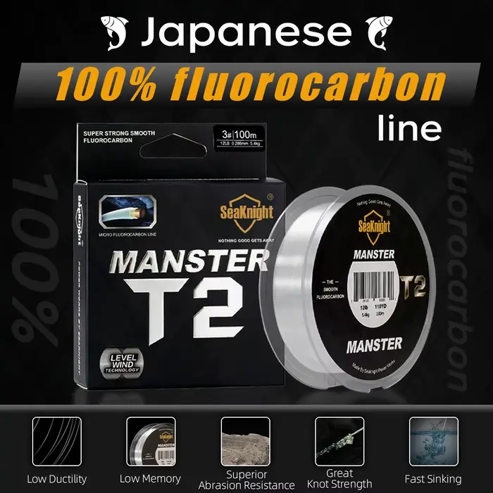 Ligne de pêche fluorocarbone 100% MANSTER T2 SeaKnight, 100M pour mer et surf, 3-35LB, fil carbone coulant