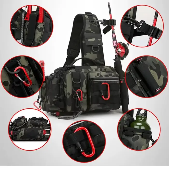 Sac bandoulière pêche avec porte-canne portable - Sac de rangement matériel pêche sport outdoor
