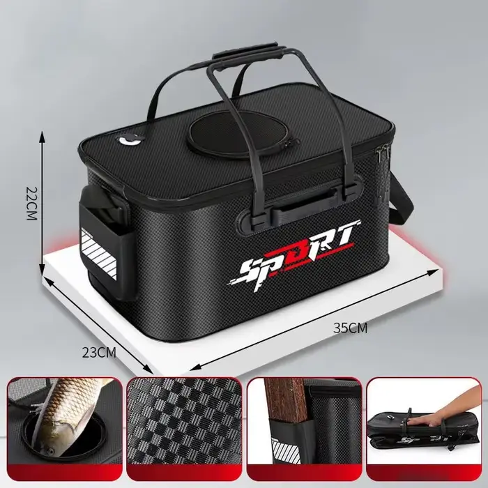 Seau à poisson pliable transportable pour pêche en camping et voyage avec vivier