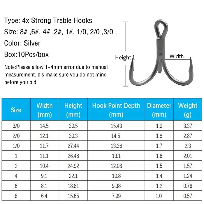 Hameçons triples pêche 10 pièces acier haute carbone 4X résistants et tranchants pour leurres et appâts