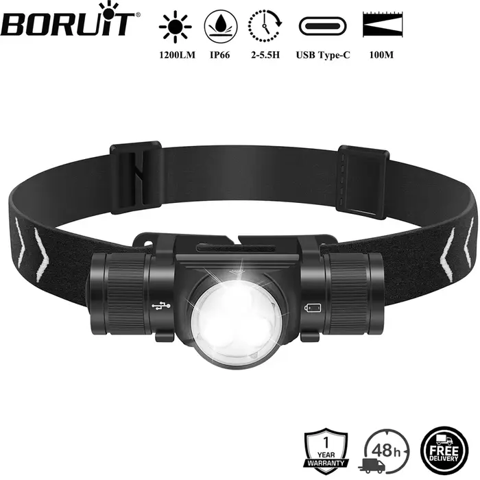 BORUiT HP330 lampe frontale 3 LED 1200LM étanche rechargeable Type-C pour pêche camping - Torche frontale