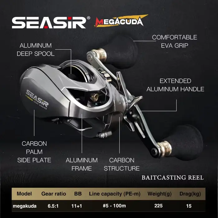 Seasir Megacuda Baitcasting Reel Drag 15KG Deep Spool 6.5:1 Aluminum Frame Carbo