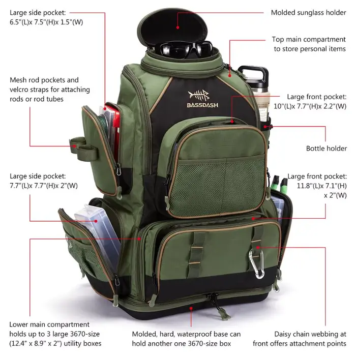 Sac à dos pêche tactique Bassdash léger - Boîte à matériel souple avec protection pluie intégrée