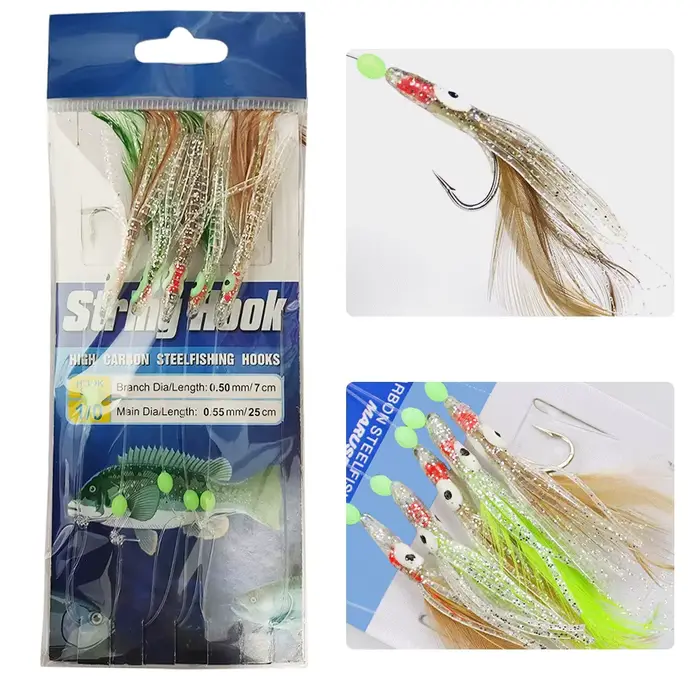 Ligne Sabiki complète avec leurre poulpe lumineux et plumes pour pêche en mer - pack 1/0