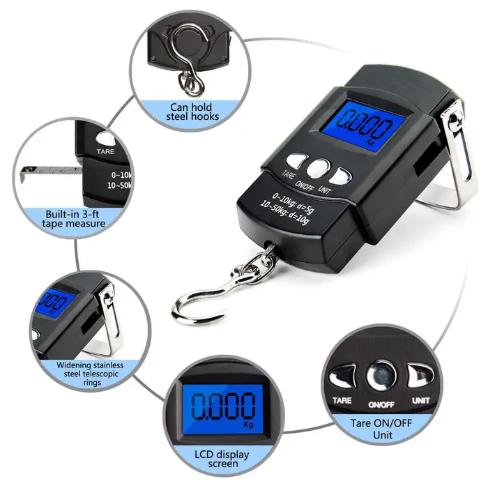 Balance pêche numérique FLYSAND 50kg avec mètre - Échelle électronique LCD rétroéclairée