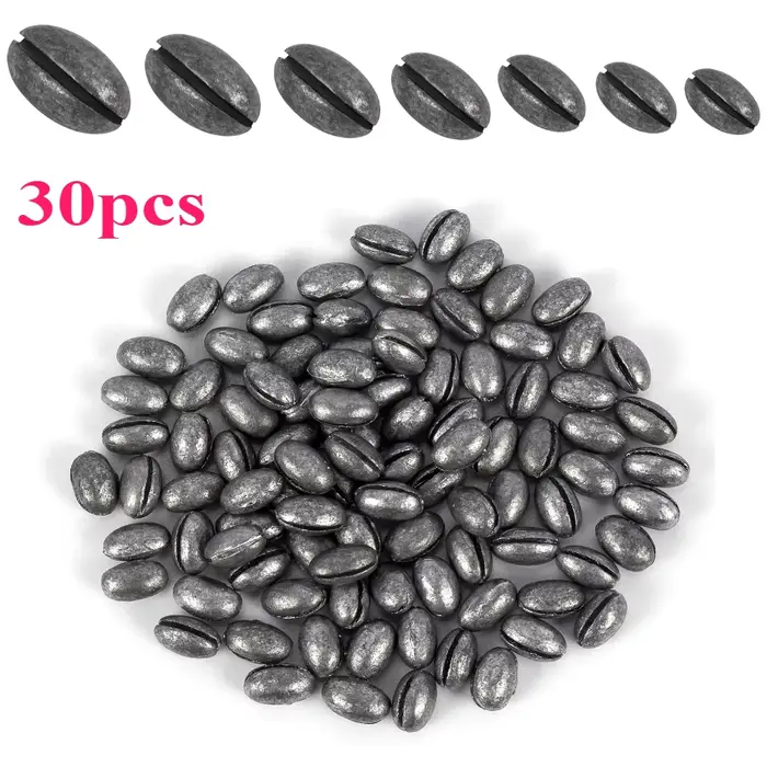 30 plombs de pêche ovale fendus en forme de haricot, poids plombs pour ligne et accessoires leurres