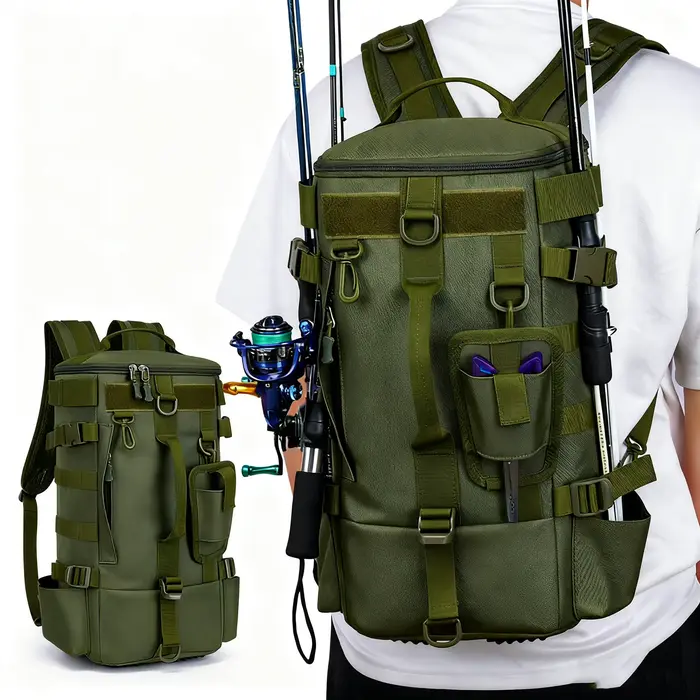 Sac à dos pêche multifonction étanche avec porte-cannes - Stockage équipement pêche résistant