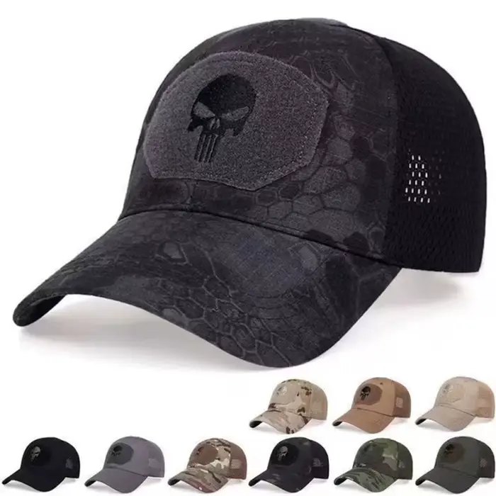 Casquette mesh camouflage crâne été 2024 - Chapeau pêche airsoft réglable pour hommes et femmes