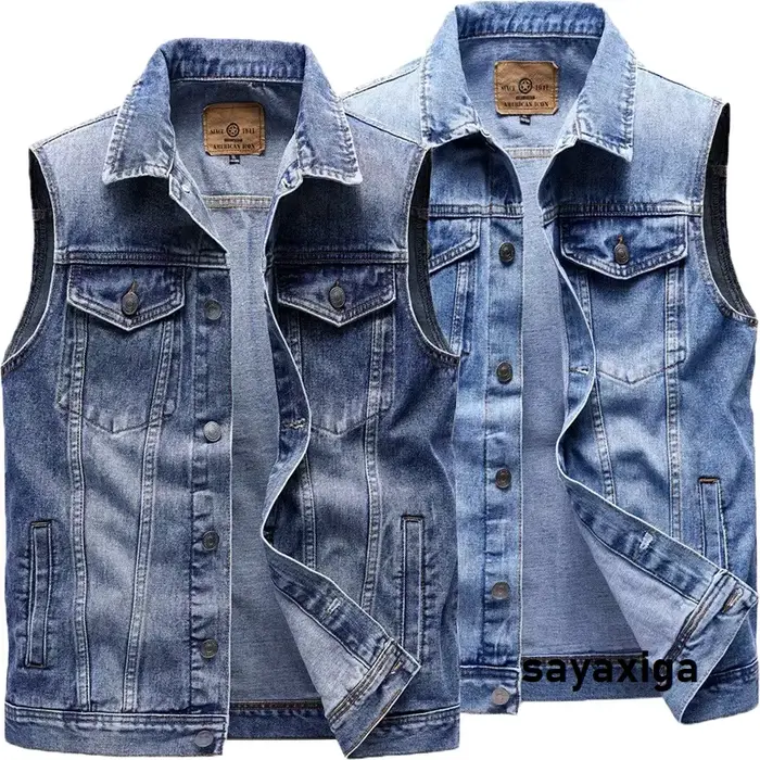 Veste sans manches cargo denim homme à multiples poches, délavée, pour la pêche et loisirs