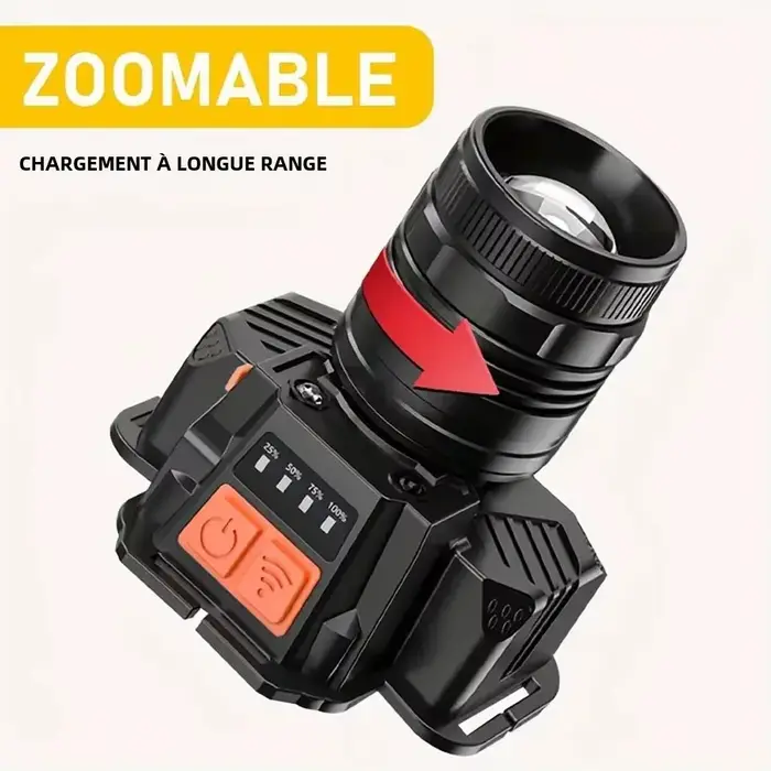 Frontale LED rechargeable 3 modes avec focus réglable 90° pour pêche, chasse et randonnée