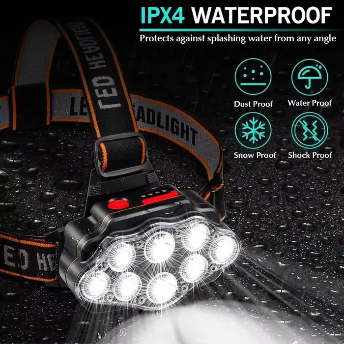 Lampe frontale pêche rechargeable USB haute luminosité 8 LED 4 modes IPX4 étanche pour activités extérieures