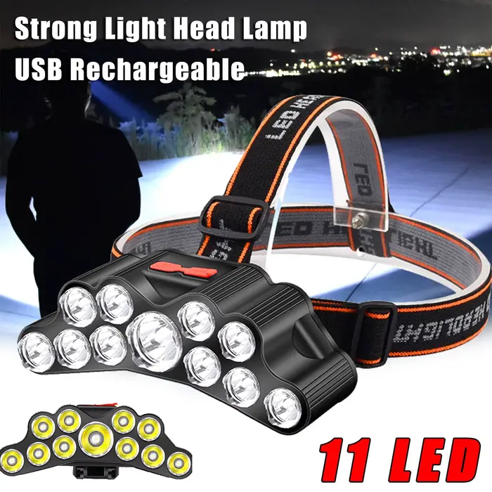 Lampe frontale 5/11 LED avec batterie 18650 intégrée USB rechargeable pour pêche outdoor - Polyvalente