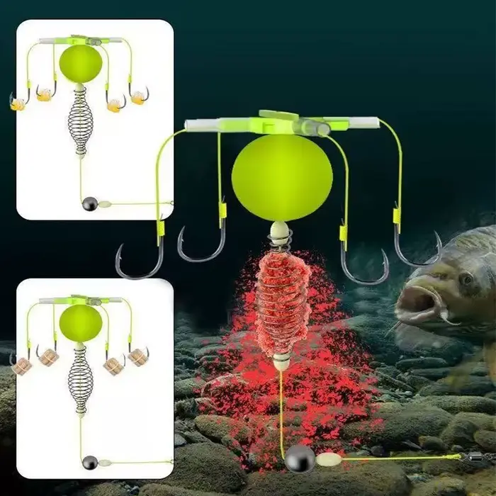 Cage à appâts pêche 2025 avec 4 hameçons acier carbone et flotteur - Équipement feeder complet