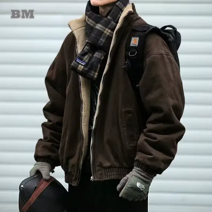 Veste polaire vintage japonaise homme épaisse hiver pêche streetwear loose couple tendance