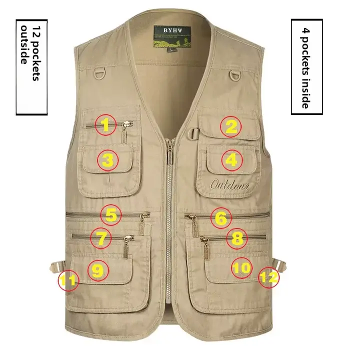 Veste de pêche multi-poches homme printemps automne pour équipement photo extérieur grande taille